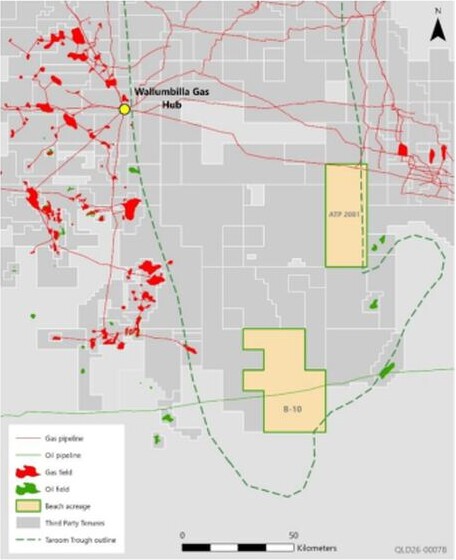 Map of Beach Energy’s Taro​om Trough acreage, showing ATP 2082 and B-10 permit areas, gas infrastructure and nearby fields.