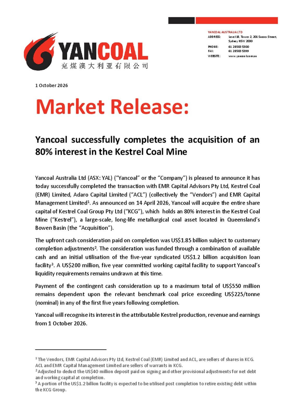 Yancoal market release dated 1 October 2026 announcing completion of the acquisition of an 80% interest in the Kestrel Coal Mine.
