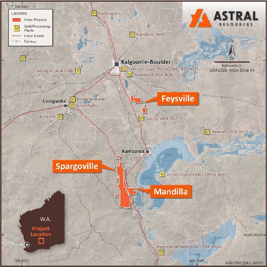 Map showing the Mandilla, Spargoville and Feysville project areas near Kambalda and Kalgoorlie-Boulder in Western Australia.