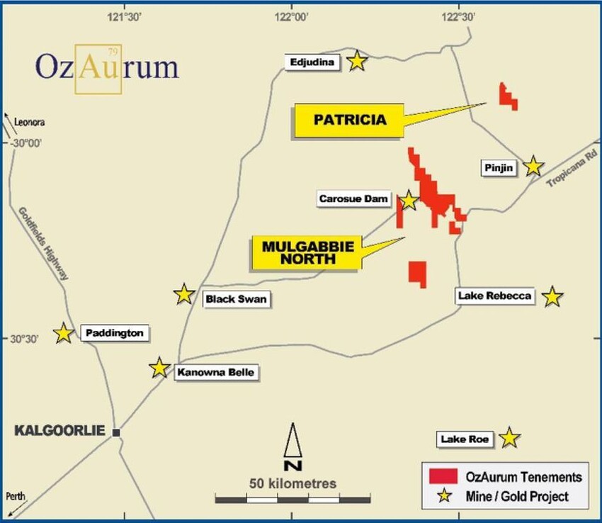 Company map showing the Mulgabbie North project area, OzAurum tenements, nearby gold projects and the Pinjin Tropicana Road near Kalgoorlie.