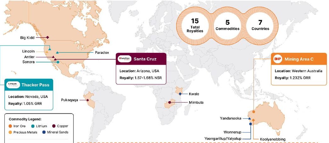 World map of Deterra Royalties’ portfolio, with Santa Cruz marked in Arizona, USA, alongside other royalty assets.
