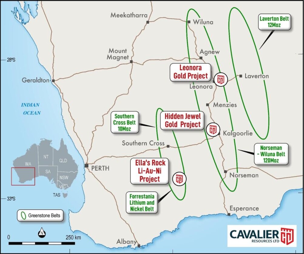 Map of Western Australia showing Cavalier Resources' Leonora Gold Project, Hidden Jewel Gold Project and Ella's Rock Li-Au-Ni Project alongside regional mineral belts.