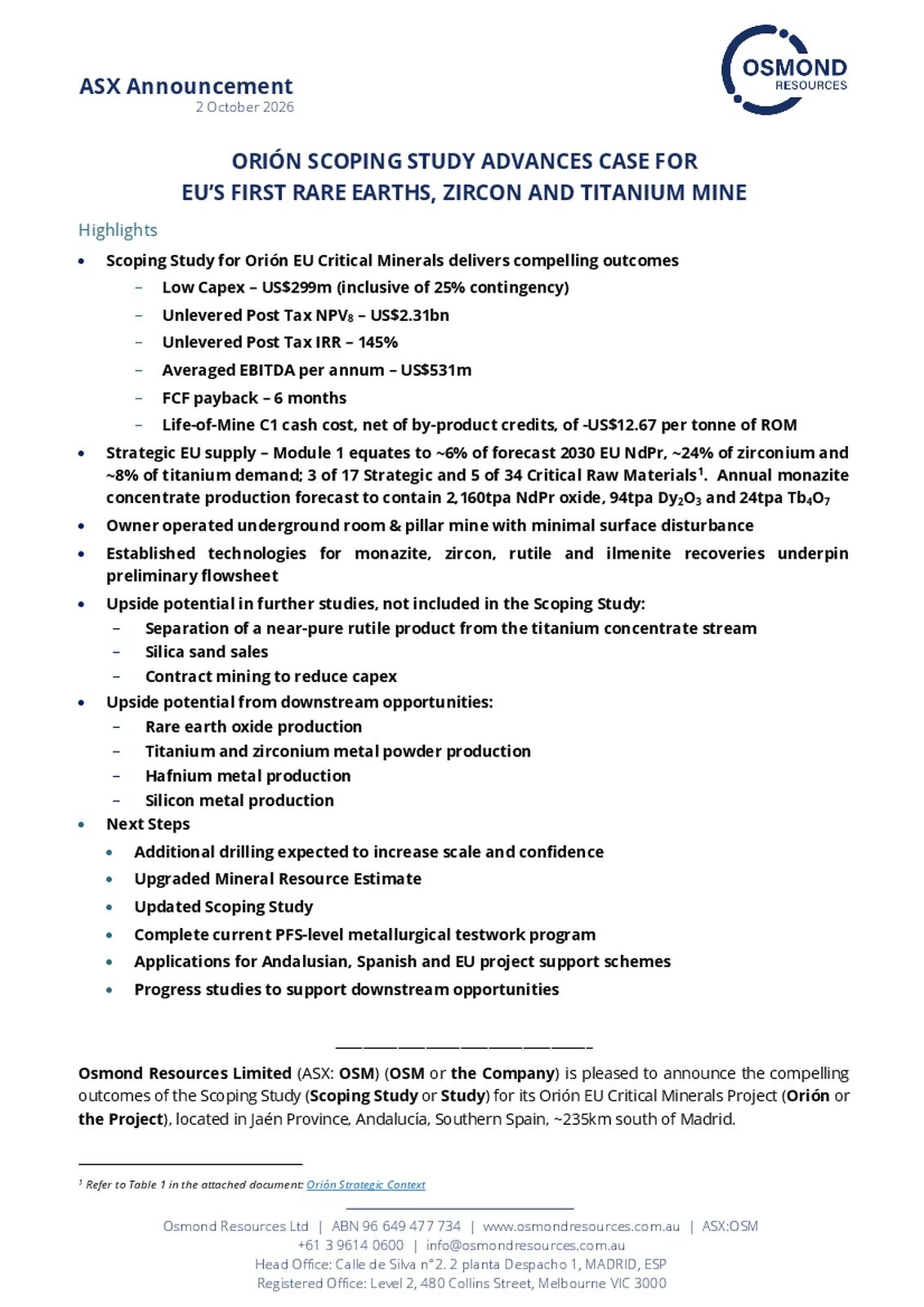 Osmond completes Orión scoping study for Spanish critical minerals project