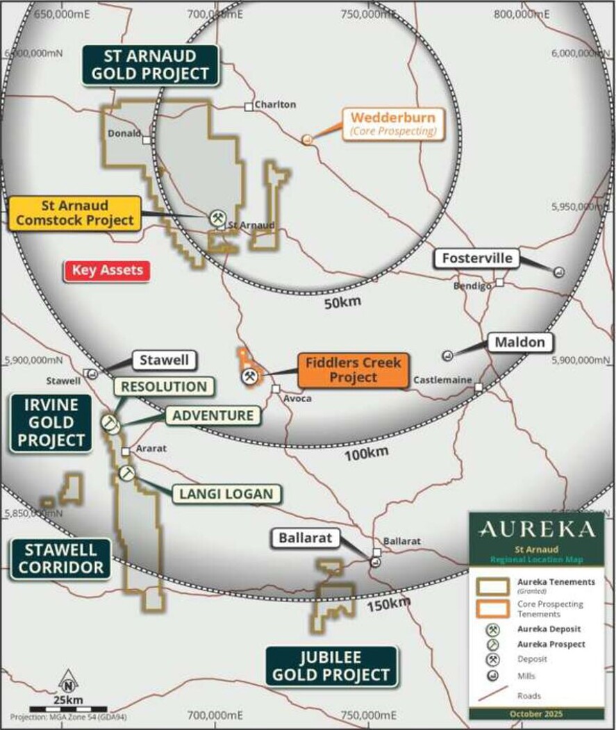 Regional map showing Aureka’s St Arnaud Gold Project, the Fiddlers Creek Project and Wedderburn core-prospecting area in Victoria.