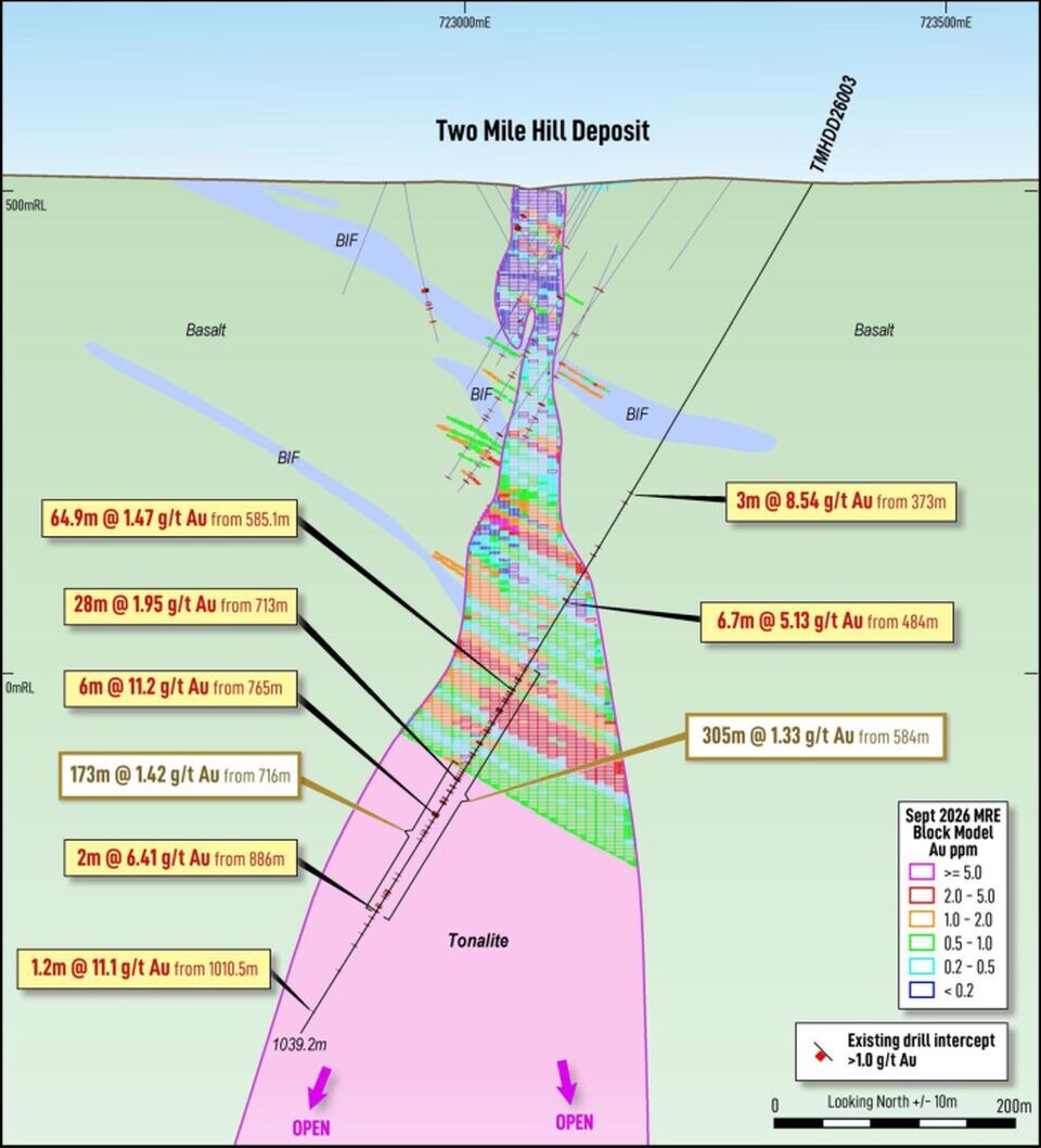 Cross-section of the Two Mile Hill deposit showing drillhole TMHDD26003, mineral resource blocks, tonality and labelled gold intercepts including 305m at 1.33g/t Au from 584m.