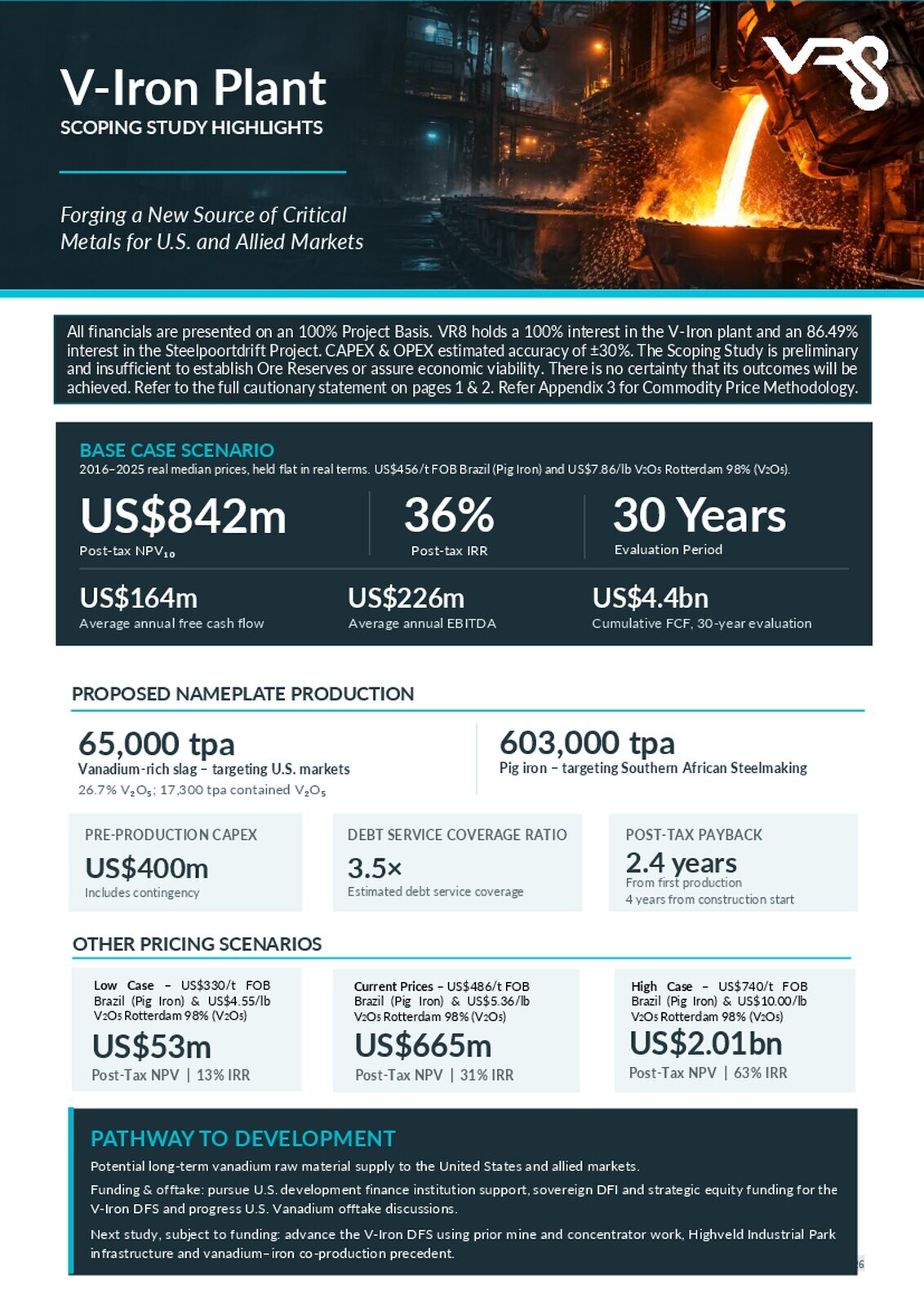 Vanadium Resources V-Iron Plant scoping study highlights page, with a molten-metal plant photograph and summary panels for base-case economics, proposed production, pricing scenarios and development pathway.