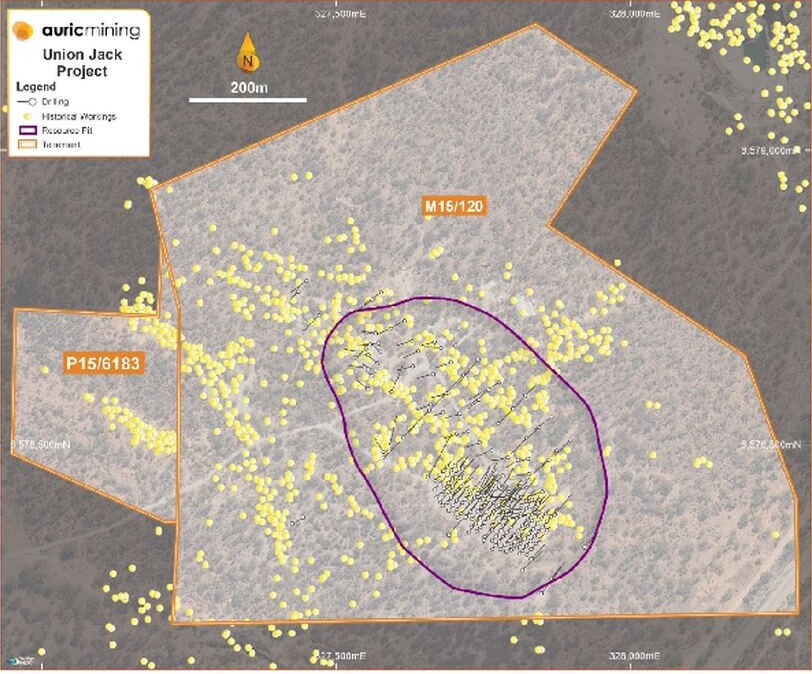 Map of the Union Jack Project showing tenure boundaries, historic workings, drill holes and the resource pit outline.