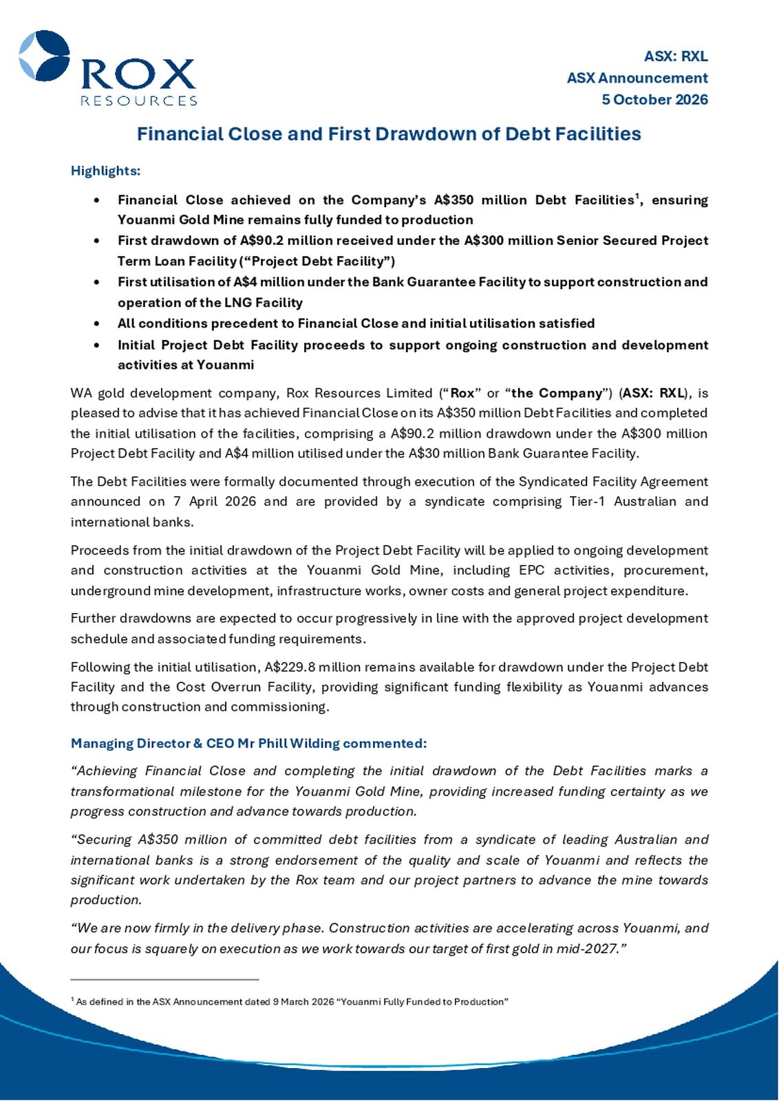 Rox Resources ASX announcement page headed Financial Close and First Drawdown of Debt Facilities, dated 5 October 2026, with highlighted funding milestones and explanatory text.