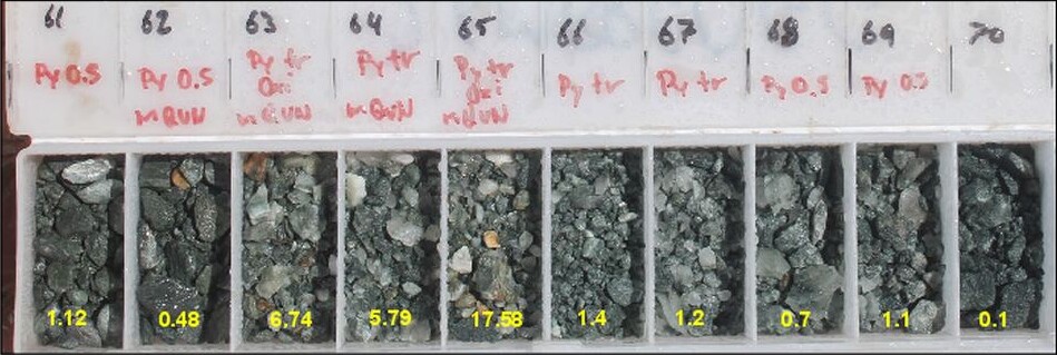 Photograph of an RC chip tray from drillhole 26MBRC066, with rock-chip compartments annotated with gold assay values in grams per tonne.