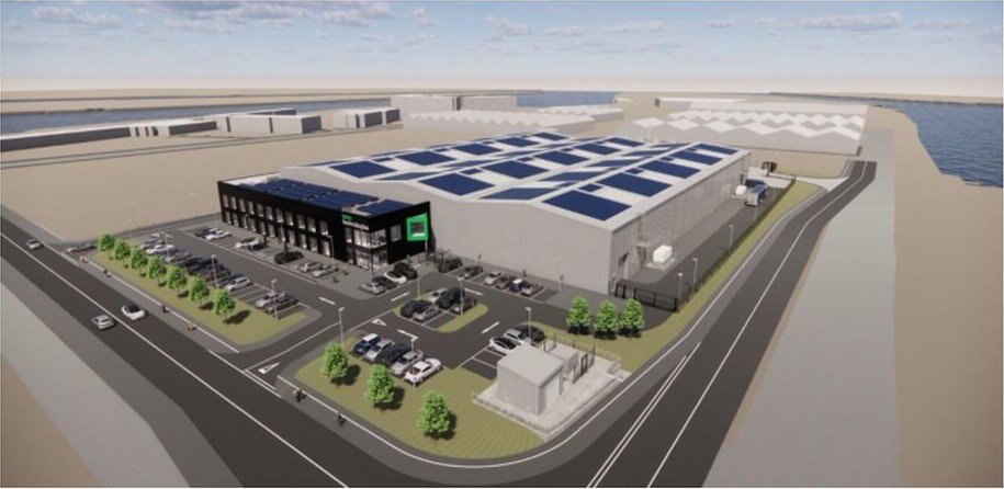 Computer-generated aerial rendering of the proposed Ionic Technologies Belfast magnet recycling plant, with rooftop solar panels, access roads and surrounding harbour-side industrial land.