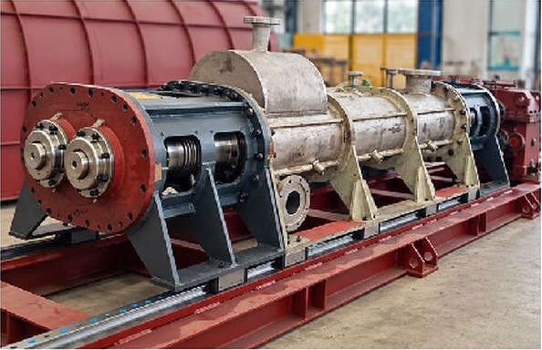 Manufactured pilot plant process equipment mounted on a red steel base at an overseas manufacturer location.