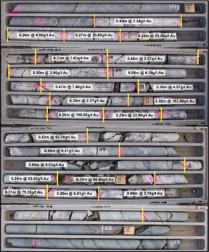 Annotated photograph of diamond drill core from hole LXDD26007, with yellow interval markers and assay labels across trays of core.