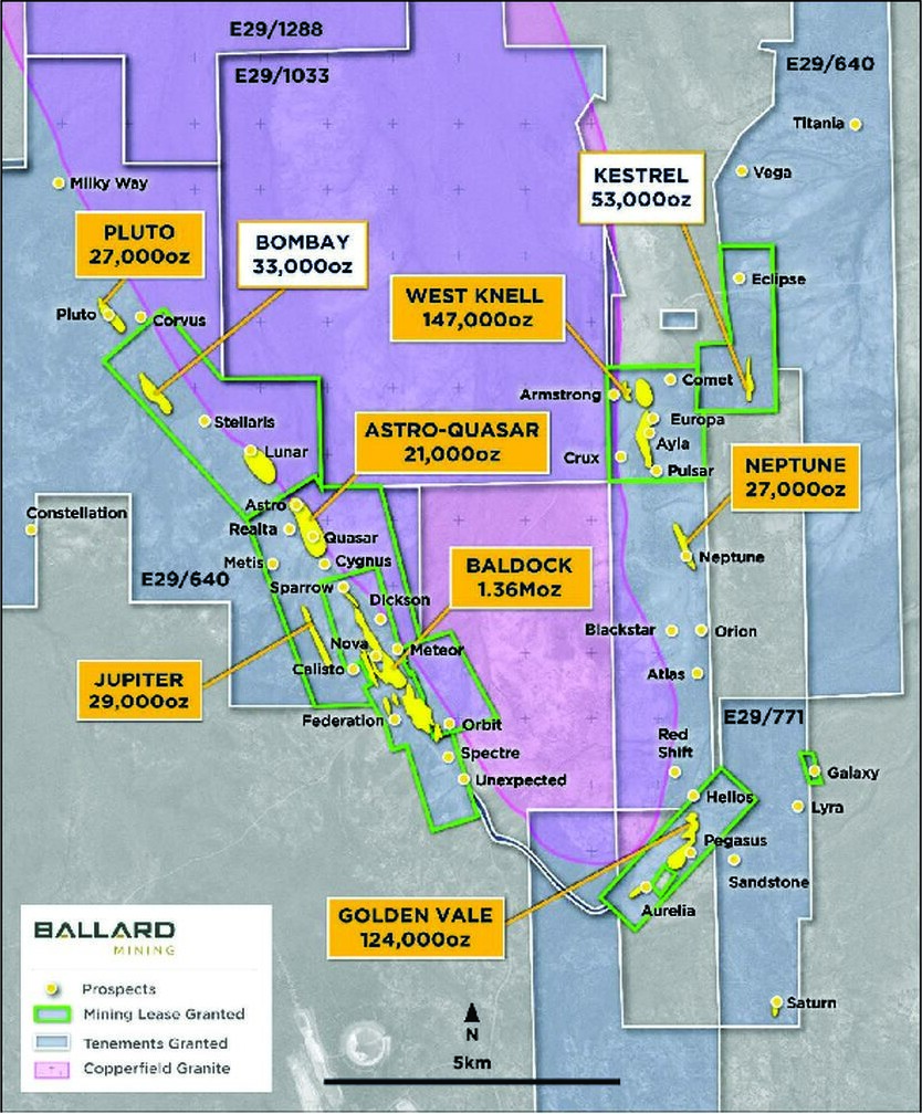 Map of the Mt Ida project showing mining leases, prospects and labelled gold resources including Baldock, West Knell and Golden Vale.