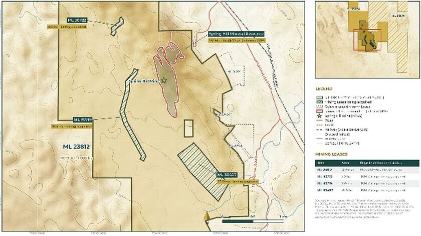 Map showing Spring Hill mining tenure being acquired within the existing ML 23812 lease area, with outlined lease boundaries and a project-tenure inset.