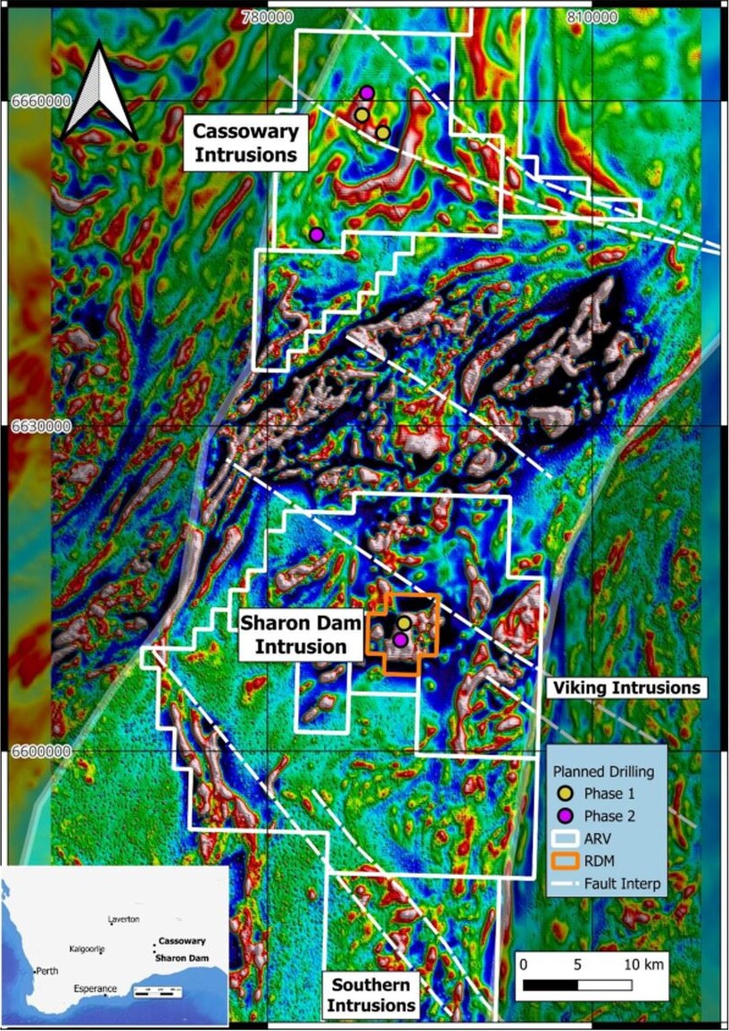 Total magnetic intensity map of the Madura Copper-Gold Project showing Cassowary and Sharon Dam intrusions, tenements, faults and planned drill-hole phases.