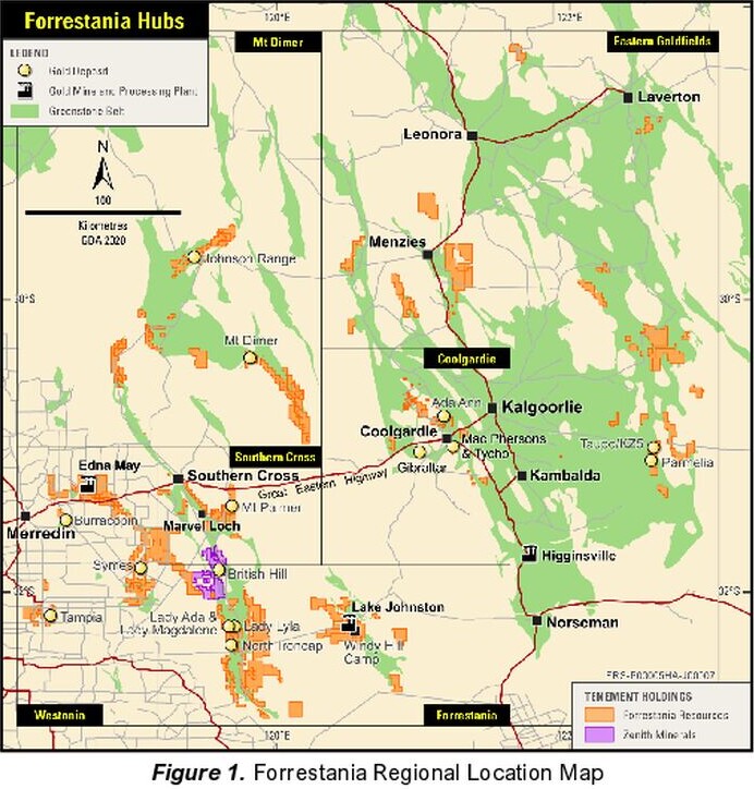 Forrestania Hubs regional location map showing Forrestania Resources and Zenith Minerals tenements across Western Australia, including Edna May, Lake Johnston, Kalgoorlie and Southern Cross.