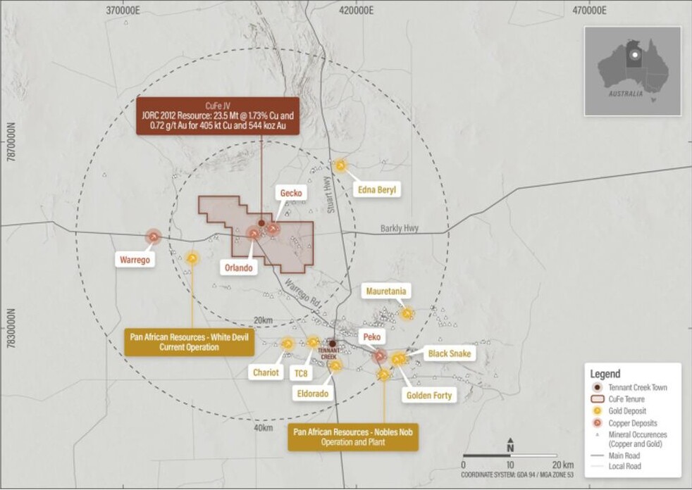 Map locating CuFe's Tennant Creek Copper-Gold-Bismuth Project, including the Orlando and Gecko deposits and nearby Tennant Creek mineral-field deposits.