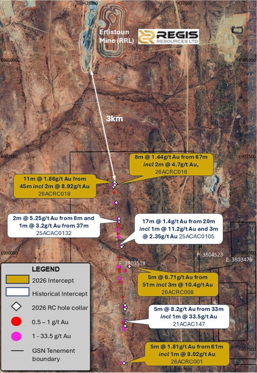 Satellite map of the Amy Clarke prospect area showing drill intercept locations along a north-northwest trend south of the Erlistoun Mine.