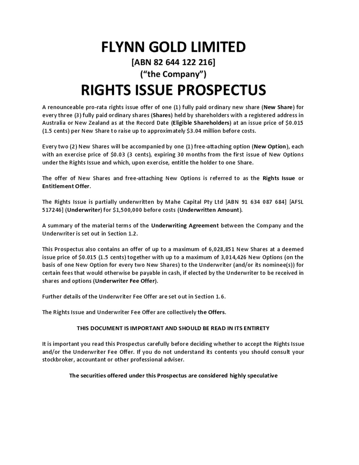 Flynn Gold lodges prospectus for rights issue targeting up to A$3.04m
