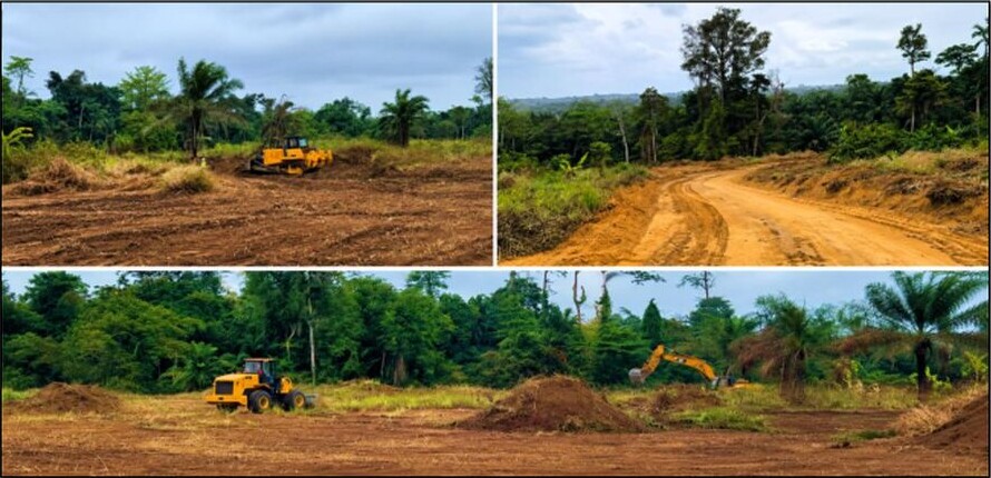 Three-panel photograph showing cleared ground, a newly cleared dirt access road and earthmoving machinery at Cacata.