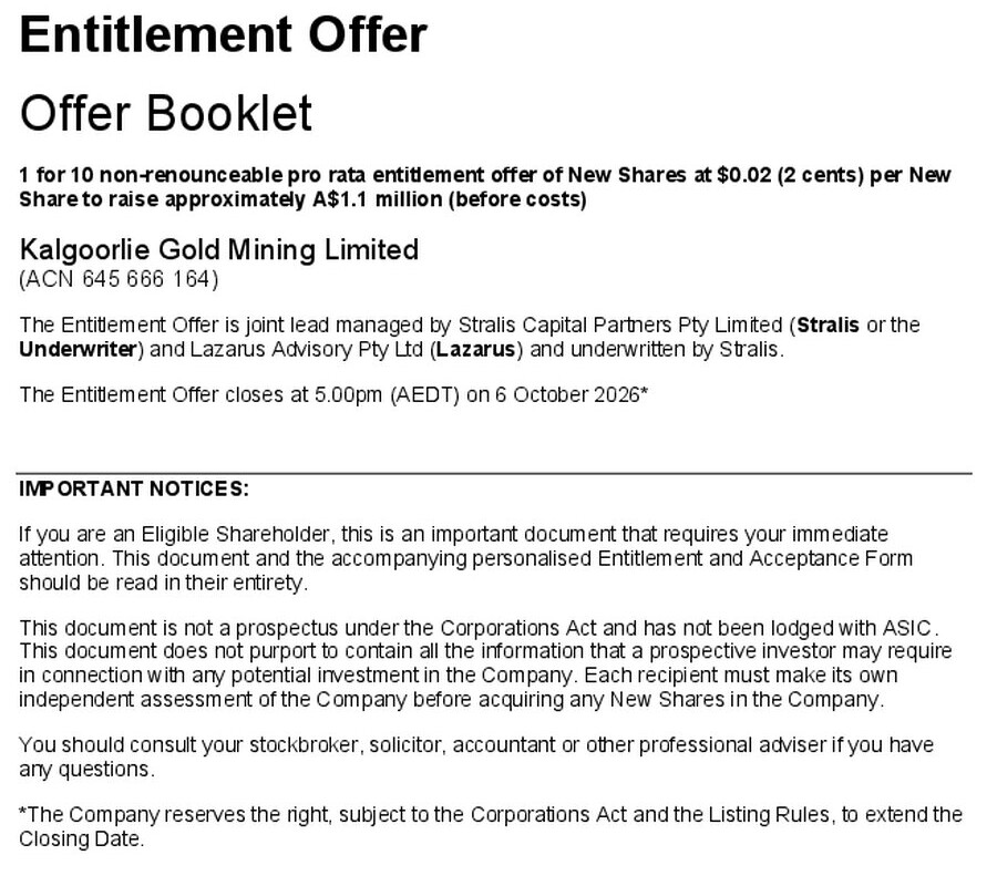 Kalgoorlie Gold opens $1.1m entitlement offer