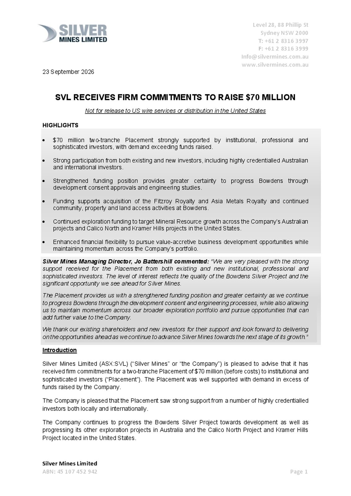 Silver Mines receives firm commitments for $70m placement