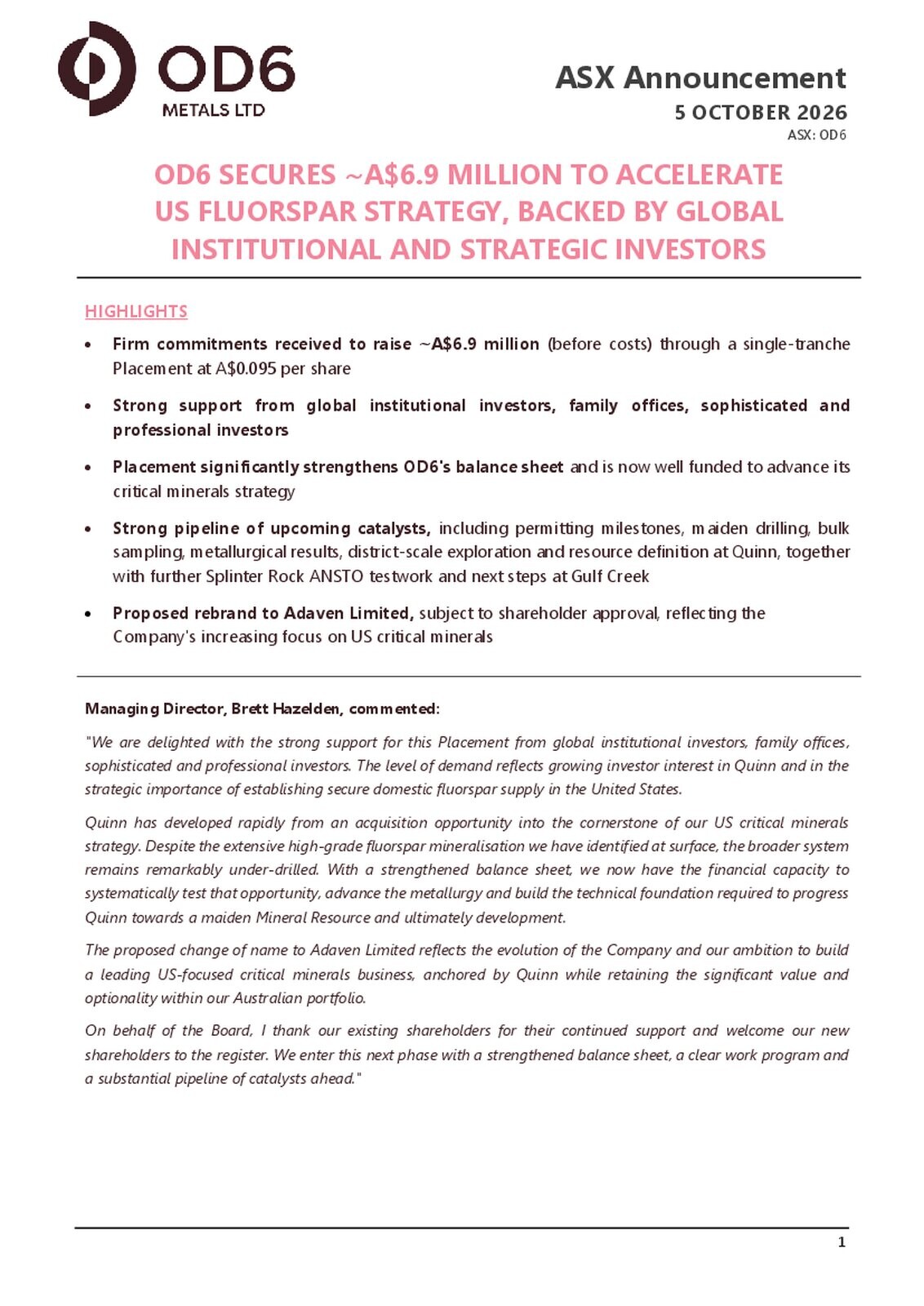 OD6 Metals ASX announcement cover page outlining the approximately A$6.9 million placement and US fluorspar strategy.