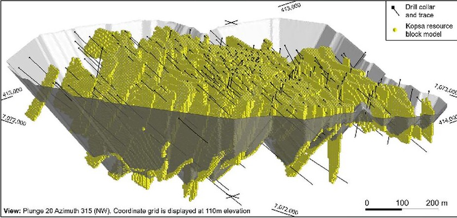 Three-dimensional view of the Kopsa in situ block model in yellow within a grey optimised pit shell, with drill traces, legend and scale bar.