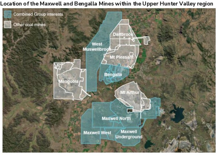 Satellite map of the Upper Hunter Valley showing Combined Group interests including Bengalla, Maxwell Underground, Maxwell North and Maxwell West, alongside other coal mines.