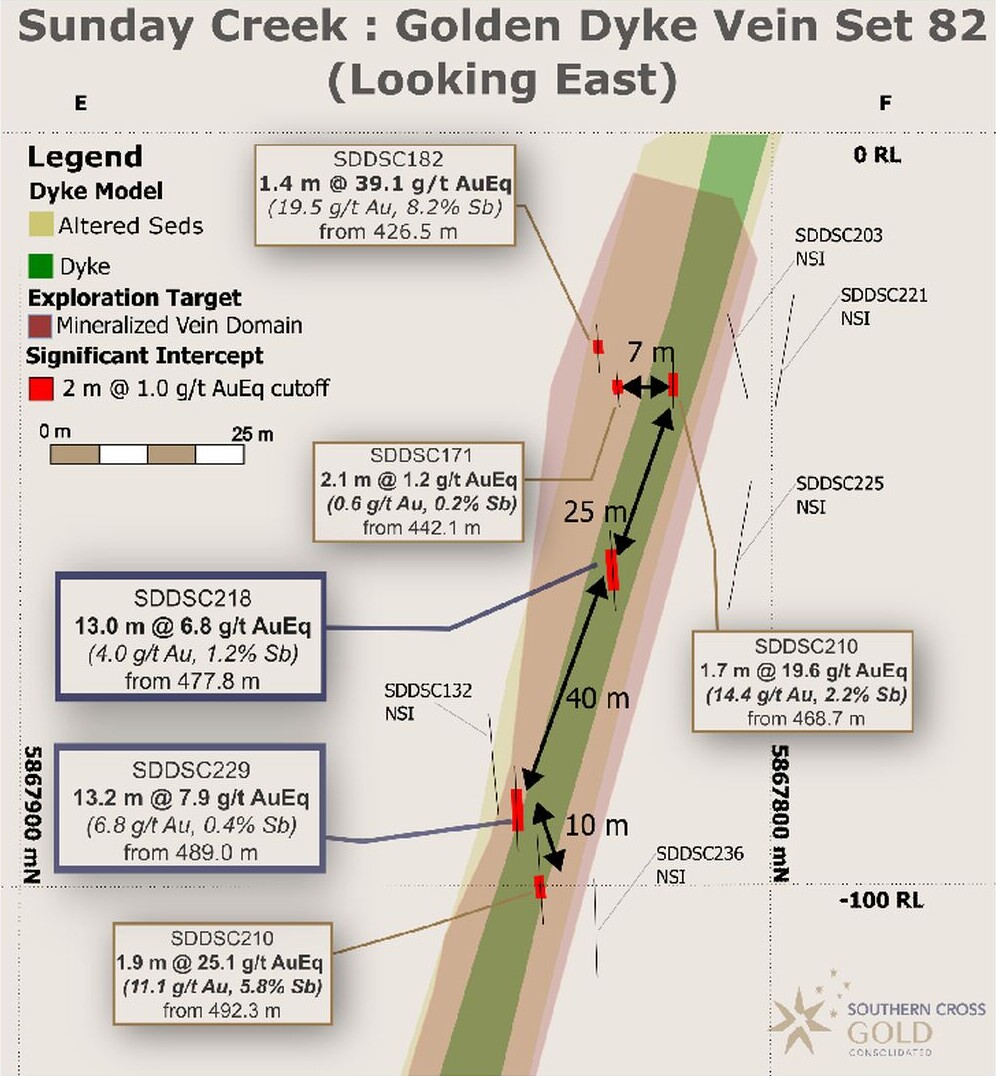 Longitudinal section of the Golden Dyke Vein Set 82, showing the dyke model, mineralized vein domain, drill intercepts and spacings between drill holes.