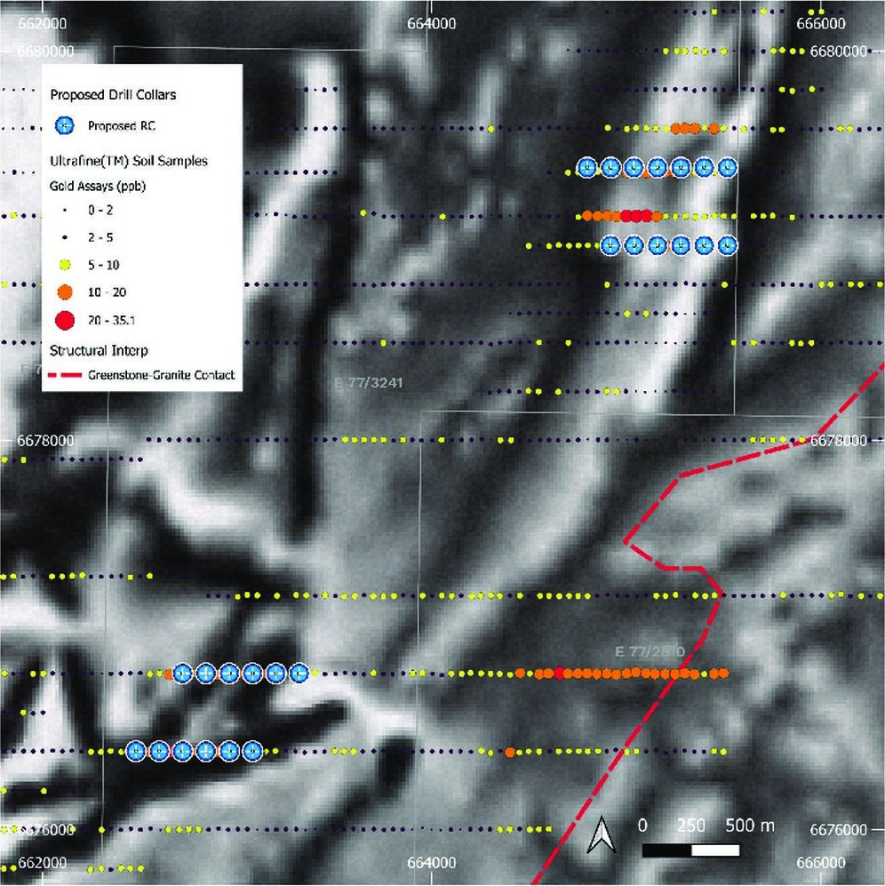Map of the Corporate James area showing proposed RC drill collar locations over gold-in-soil sample results and the interpreted greenstone-granite contact.