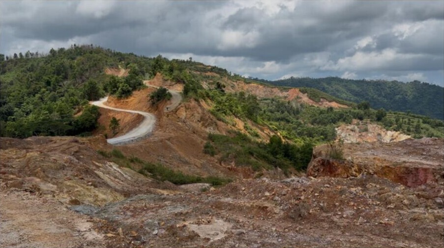 View south across the Don Jose area, showing a winding access road toward the A1 deposit amid wooded hills and exposed ground.