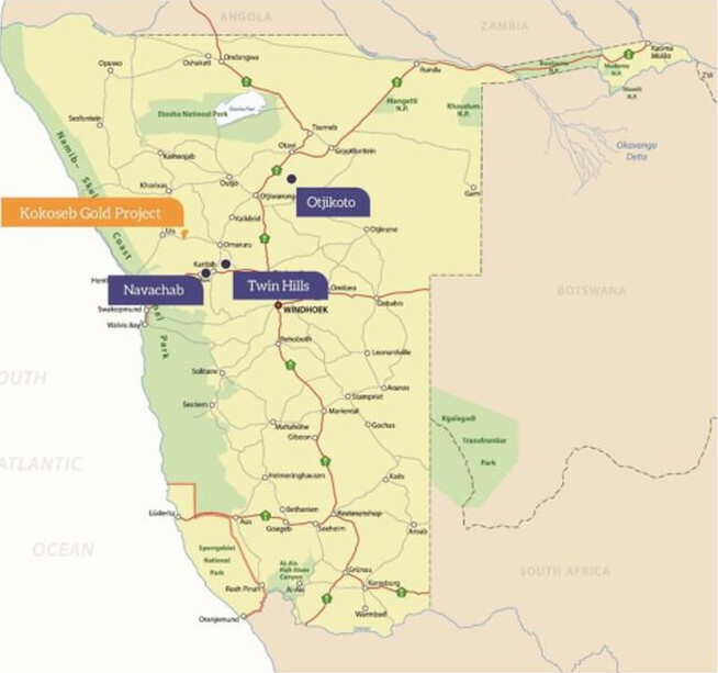 Map of Namibia locating Wia Gold’s Kokoseb Gold Project alongside marked places including Navachab, Twin Hills and Otjikoto.
