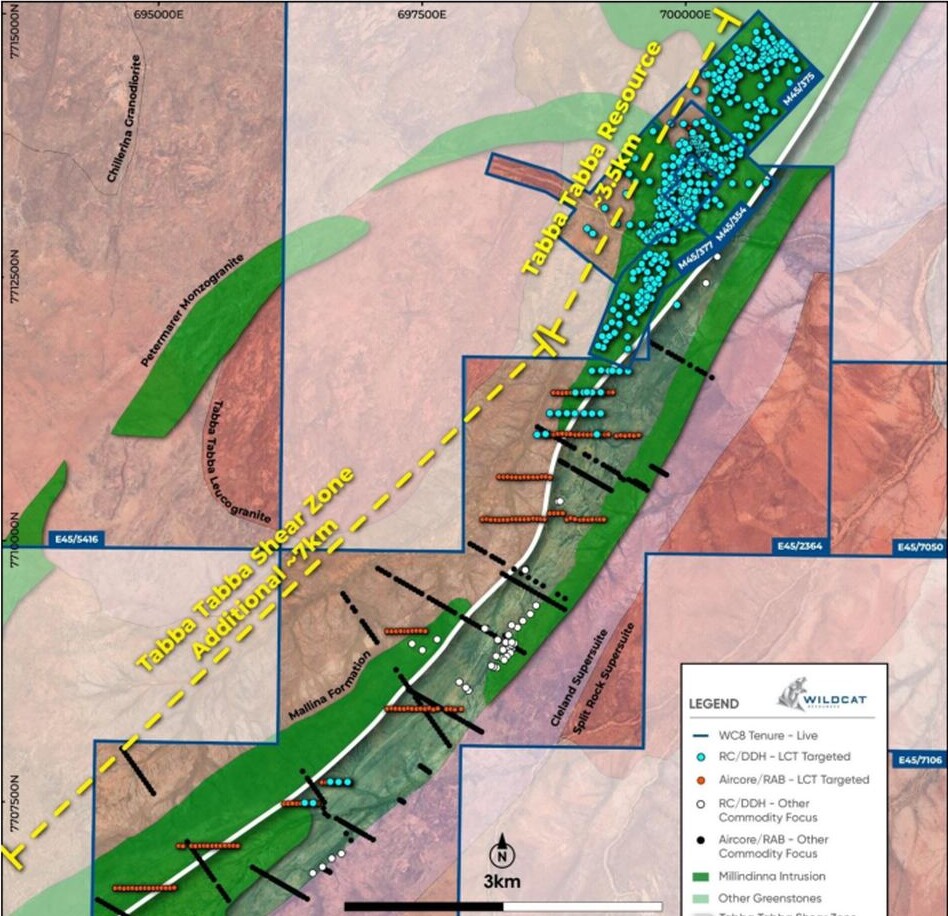 Geological and drilling map of the Tabba Tabba project area, showing exploration tenure, drill locations, lithium-targeted holes and the Tabba Tabba shear zone.