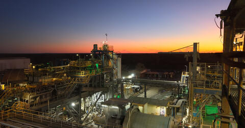 Peak processing plant at night at Aurelia Metals’ Cobar Basin operation